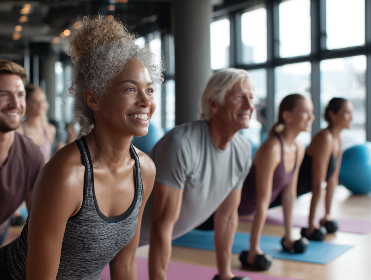 Команда професійних тренерів різного віку працює з клієнтами в сучасному фітнес-центрі