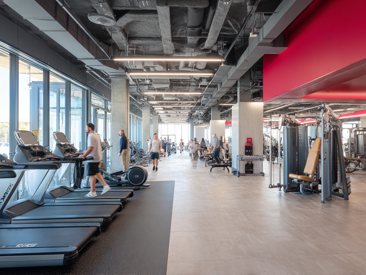Сучасний фітнес-зал з різноманітним обладнанням та людьми різного віку